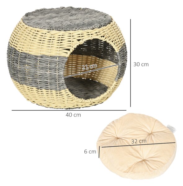 PawHut Wicker Cat Bed, Rattan Raised Cosy Kitten Cave, with Soft Washable Cushion, 妗?0 x 30cm Aosom UK