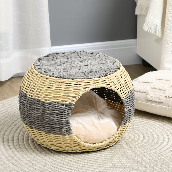 PawHut Wicker Cat Bed, Rattan Raised Cosy Kitten Cave, with Soft Washable Cushion, 妗?0 x 30cm Aosom UK