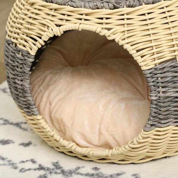 PawHut Wicker Cat Bed, Rattan Raised Cosy Kitten Cave, with Soft Washable Cushion, 妗?0 x 30cm Aosom UK