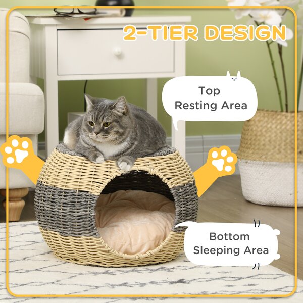 PawHut Wicker Cat Bed, Rattan Raised Cosy Kitten Cave, with Soft Washable Cushion, 妗?0 x 30cm Aosom UK