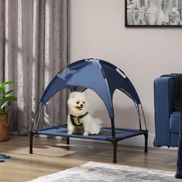 PawHut Elevated Dog Bed with Waterproof, Breathable Mesh and UV Protection Canopy, Blue, for Medium Dogs, 76 x 61 x 73cm Aosom UK