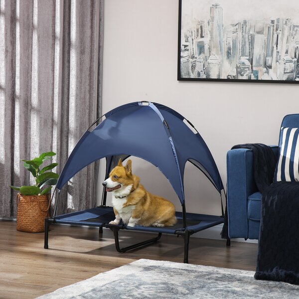 PawHut Elevated Dog Bed: Waterproof Mesh with UV Canopy, for Large Breeds, 92 x 76 x 90cm, Blue Aosom UK