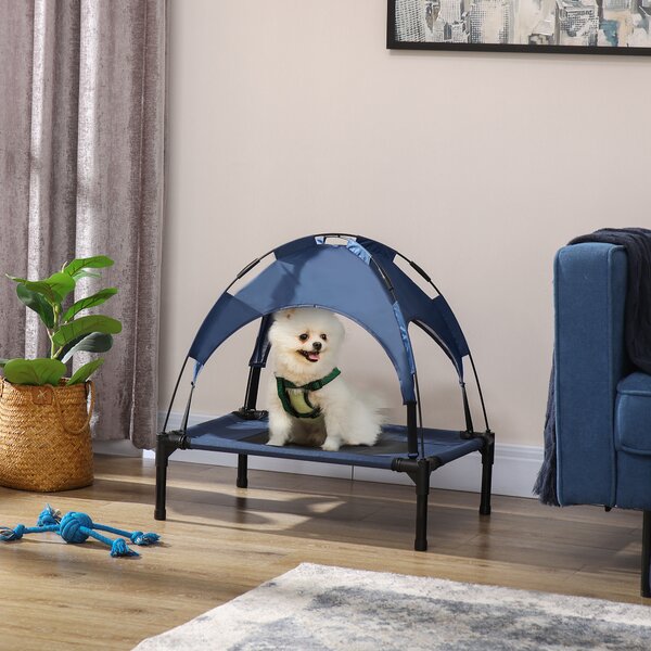 PawHut Raised Dog Bed Waterproof Elevated Pet Cot with Breathable Mesh UV Protection Canopy Blue, for Small Dogs, 61 x 46 x 62cm Aosom UK