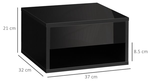 HOMCOM 2 Pieces Bedside Table Wall Mounted Nightstand with Drawer and Shelf for Bedroom, 37 x 32 x 21cm, High Gloss Black