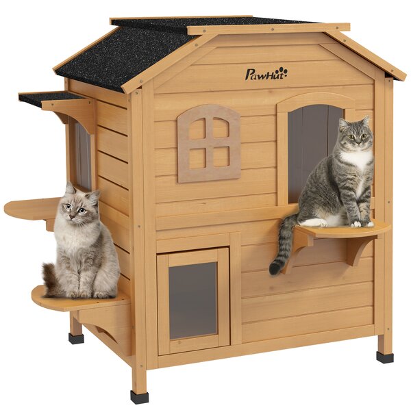PawHut Wooden Cat House Condos Cat Cave Pet Shelter 2 Floor Villa Outdoor Furniture Natural Wood Finish Aosom UK