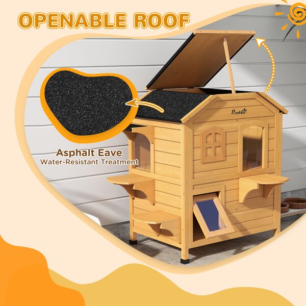 PawHut Wooden Cat House Condos Cat Cave Pet Shelter 2 Floor Villa Outdoor Furniture Natural Wood Finish Aosom UK