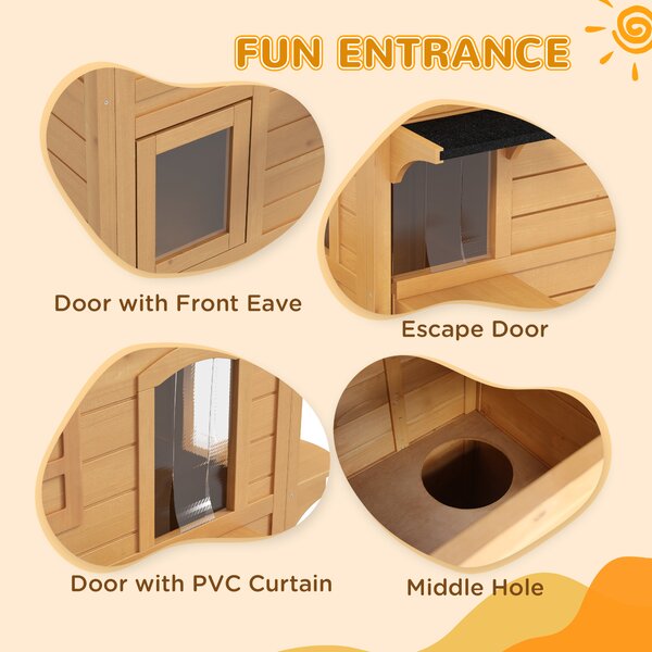 PawHut Wooden Cat House Condos Cat Cave Pet Shelter 2 Floor Villa Outdoor Furniture Natural Wood Finish Aosom UK