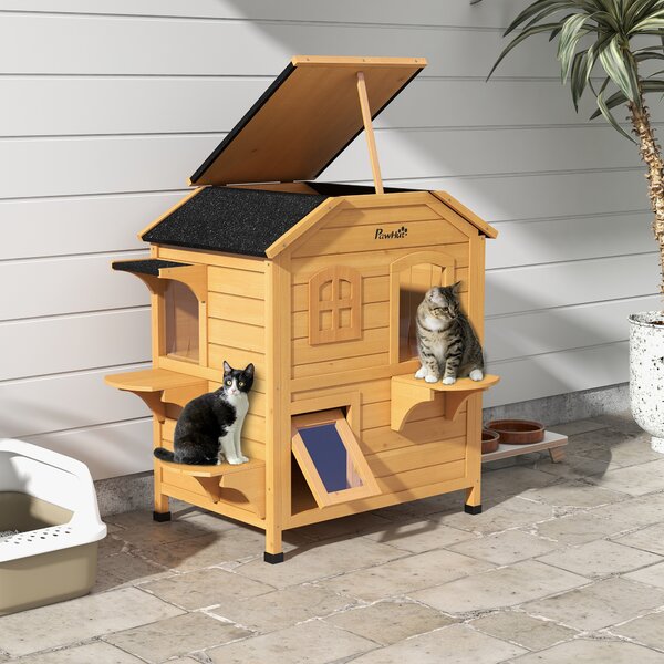 PawHut Wooden Cat House Condos Cat Cave Pet Shelter 2 Floor Villa Outdoor Furniture Natural Wood Finish Aosom UK