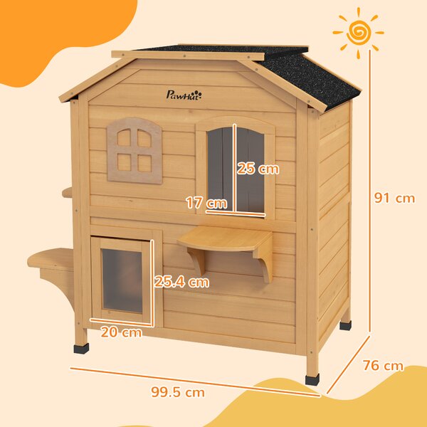 PawHut Wooden Cat House Condos Cat Cave Pet Shelter 2 Floor Villa Outdoor Furniture Natural Wood Finish Aosom UK