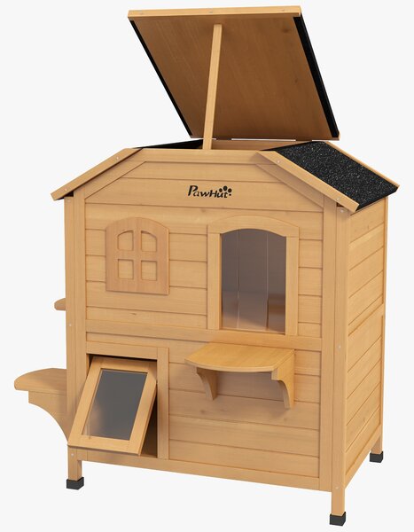 PawHut Wooden Cat House Condos Cat Cave Pet Shelter 2 Floor Villa Outdoor Furniture Natural Wood Finish Aosom UK