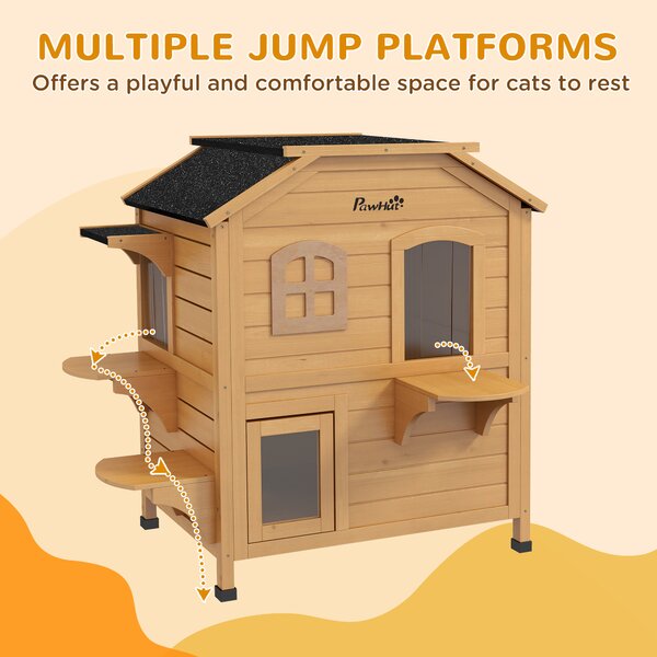 PawHut Wooden Cat House Condos Cat Cave Pet Shelter 2 Floor Villa Outdoor Furniture Natural Wood Finish Aosom UK