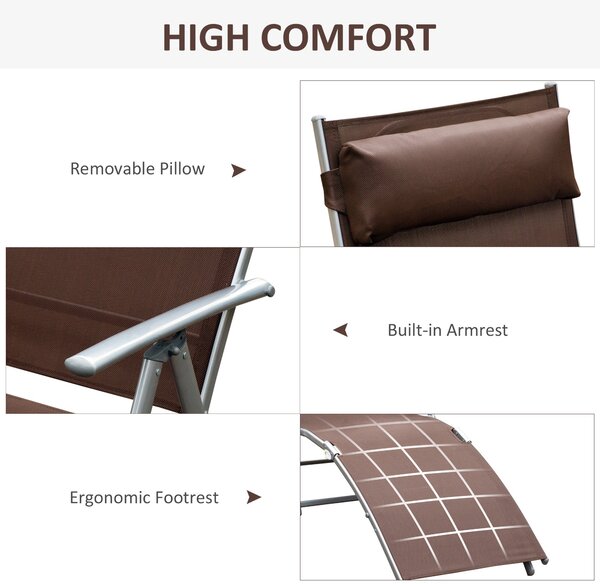 Outsunny Foldable Sun Lounger, Garden Texteline Reclining Chair with Pillow, Adjustable Outdoor Recliner, Brown Aosom UK