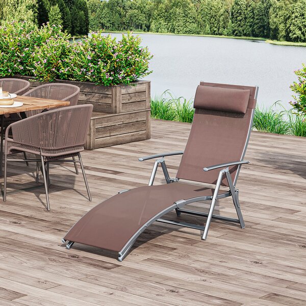 Outsunny Foldable Sun Lounger, Garden Texteline Reclining Chair with Pillow, Adjustable Outdoor Recliner, Brown Aosom UK