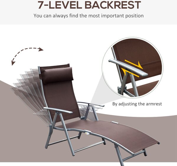 Outsunny Foldable Sun Lounger, Garden Texteline Reclining Chair with Pillow, Adjustable Outdoor Recliner, Brown Aosom UK