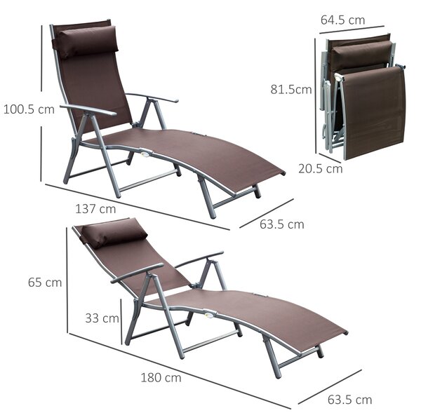 Outsunny Foldable Sun Lounger, Garden Texteline Reclining Chair with Pillow, Adjustable Outdoor Recliner, Brown Aosom UK