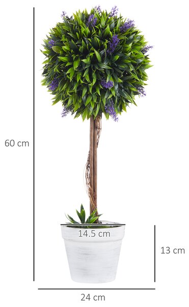 HOMCOM Artificial Lavender Topiary Balls Set of 2: Decorative Faux Plants in Pots for Indoor Outdoor Ambience, 60cm. Aosom UK