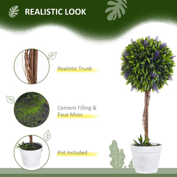 HOMCOM Artificial Lavender Topiary Balls Set of 2: Decorative Faux Plants in Pots for Indoor Outdoor Ambience, 60cm. Aosom UK