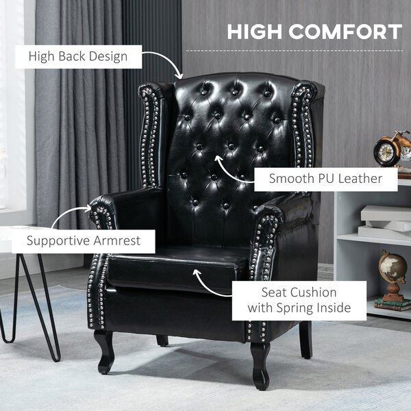 Chesterfield-style Wingback Accent Chair, HOMCOM Single Sofa Tufted Armchair with Nail Head Trim for Living Room Bedroom, Black Aosom UK