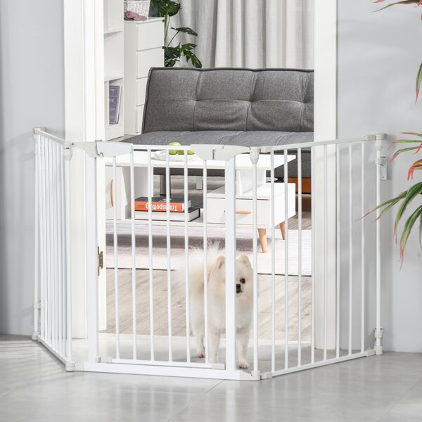 PawHut Pet Safety Gate 3-Panel Playpen Fireplace Christmas Tree Metal Fence Stair Barrier Room Divider w/Walk Through Door, White Aosom UK