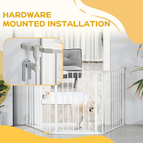 PawHut Pet Safety Gate 3-Panel Playpen Fireplace Christmas Tree Metal Fence Stair Barrier Room Divider w/Walk Through Door, White Aosom UK