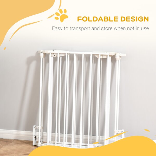 PawHut Pet Safety Gate 3-Panel Playpen Fireplace Christmas Tree Metal Fence Stair Barrier Room Divider w/Walk Through Door, White Aosom UK