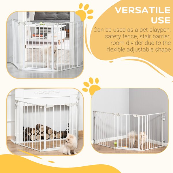 PawHut Pet Safety Gate 3-Panel Playpen Fireplace Christmas Tree Metal Fence Stair Barrier Room Divider w/Walk Through Door, White Aosom UK