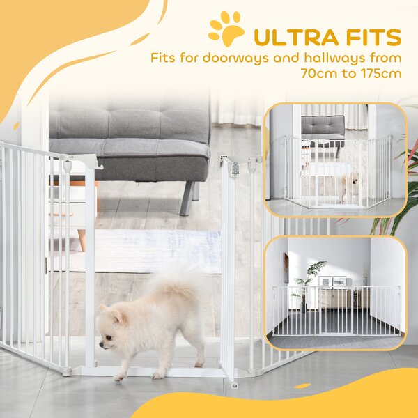 PawHut Pet Safety Gate 3-Panel Playpen Fireplace Christmas Tree Metal Fence Stair Barrier Room Divider w/Walk Through Door, White Aosom UK