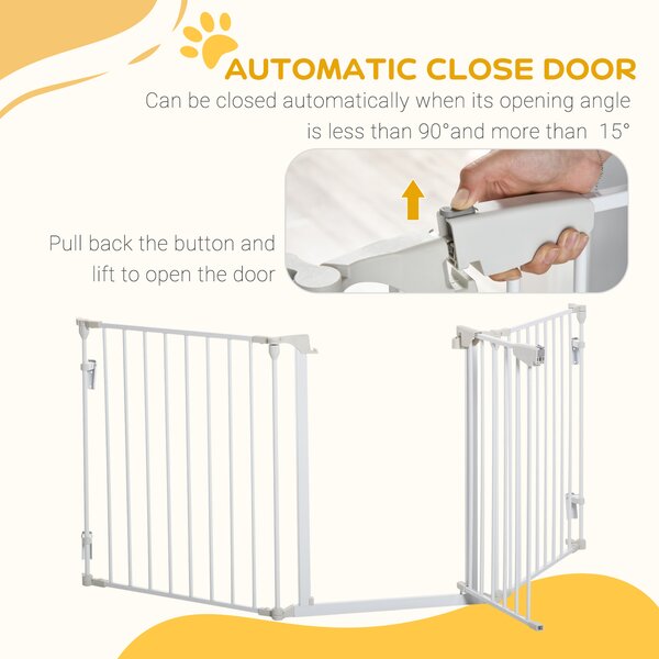 PawHut Pet Safety Gate 3-Panel Playpen Fireplace Christmas Tree Metal Fence Stair Barrier Room Divider w/Walk Through Door, White Aosom UK