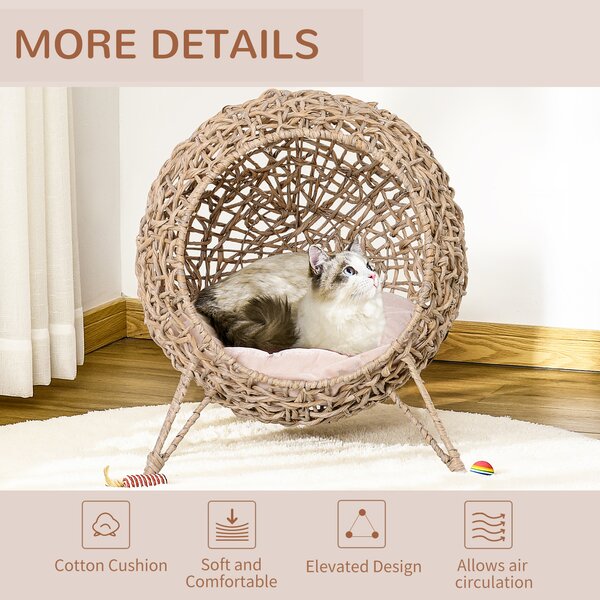 PawHut Cat Hammock Rattan Cat House Ball-Shaped Cat Bed with Hand-Woven PE, Cushion & Three-Legged Base, Natural Wood Finish Aosom UK