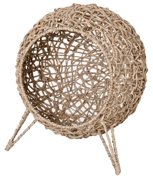 PawHut Cat Hammock Rattan Cat House Ball-Shaped Cat Bed with Hand-Woven PE, Cushion & Three-Legged Base, Natural Wood Finish Aosom UK