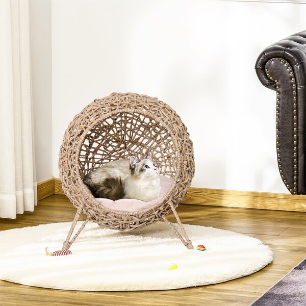 PawHut Cat Hammock Rattan Cat House Ball-Shaped Cat Bed with Hand-Woven PE, Cushion & Three-Legged Base, Natural Wood Finish Aosom UK
