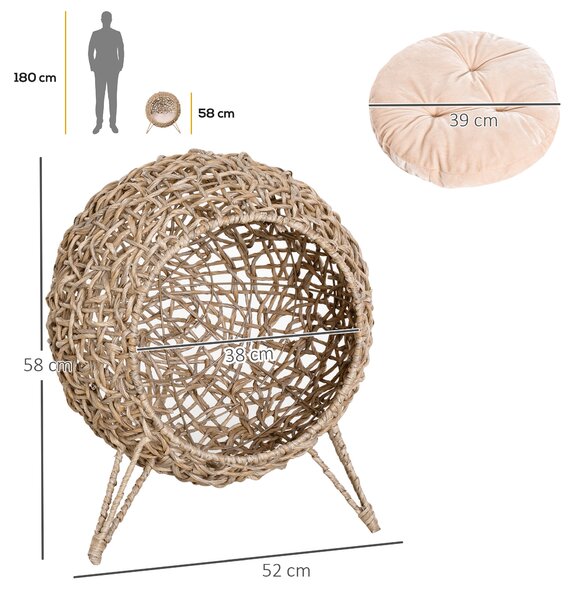 PawHut Cat Hammock Rattan Cat House Ball-Shaped Cat Bed with Hand-Woven PE, Cushion & Three-Legged Base, Natural Wood Finish Aosom UK