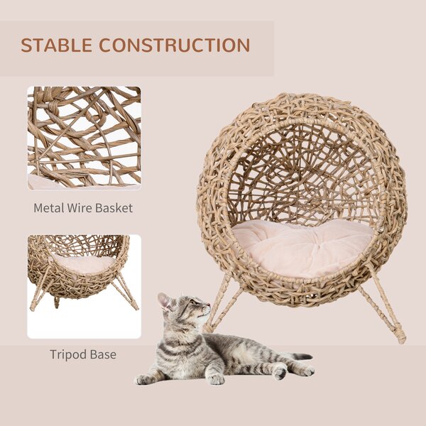 PawHut Cat Hammock Rattan Cat House Ball-Shaped Cat Bed with Hand-Woven PE, Cushion & Three-Legged Base, Natural Wood Finish Aosom UK