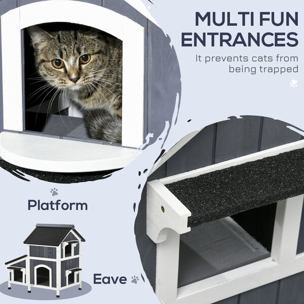 PawHut Wooden Cat House Outdoor with Flower Pot, 2 Tiers Cat Shelter with Window, Multiple Entrances, Water-resistant Roof, Grey