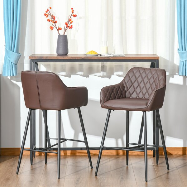 HOMCOM Set of 2 Bar Chair With Backs Retro, PU Leather Bar Stools w/ Footrest Metal Frame Comfort Support Stylish Dining Seating, Brown Aosom UK