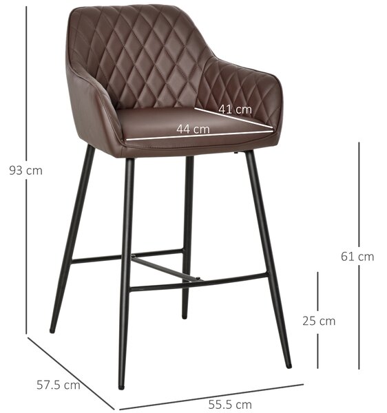 HOMCOM Set of 2 Bar Chair With Backs Retro, PU Leather Bar Stools w/ Footrest Metal Frame Comfort Support Stylish Dining Seating, Brown Aosom UK