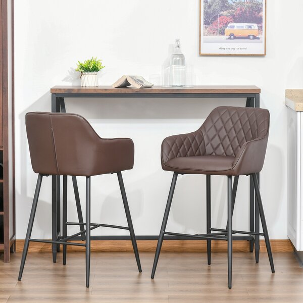 HOMCOM Set of 2 Bar Chair With Backs Retro, PU Leather Bar Stools w/ Footrest Metal Frame Comfort Support Stylish Dining Seating, Brown Aosom UK