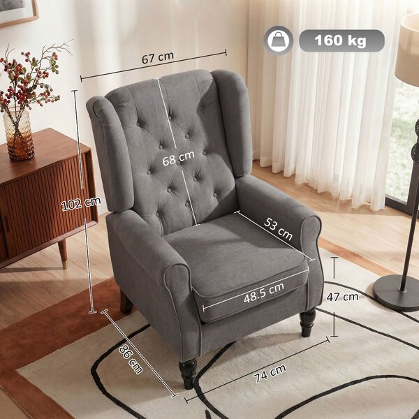 HOMCOM Linen Fabric Occasional Chair Wooden Frame Wingback Armchair with Thick Foam Cushion Accent Chair Living Room, Dark Grey Aosom UK