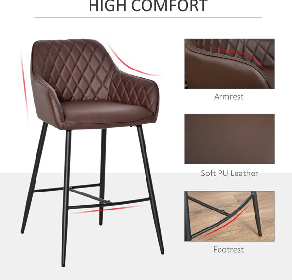 HOMCOM Set of 2 Bar Chair With Backs Retro, PU Leather Bar Stools w/ Footrest Metal Frame Comfort Support Stylish Dining Seating, Brown Aosom UK