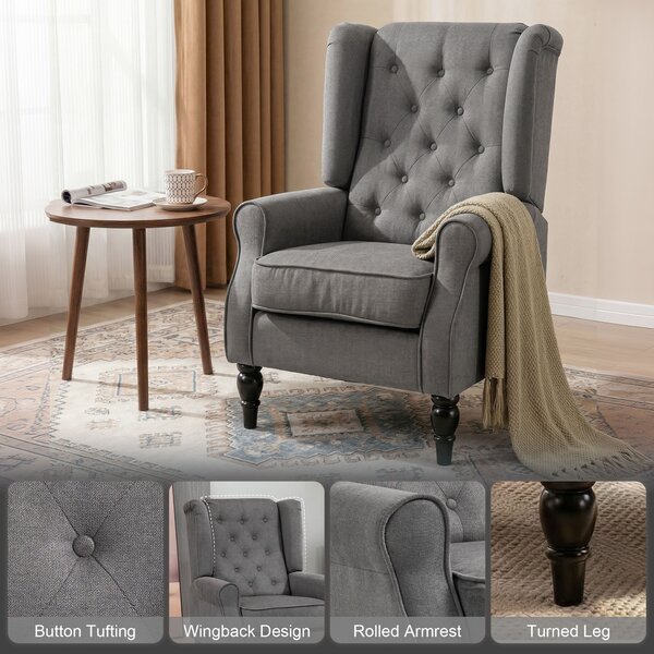 HOMCOM Linen Fabric Occasional Chair Wooden Frame Wingback Armchair with Thick Foam Cushion Accent Chair Living Room, Dark Grey Aosom UK