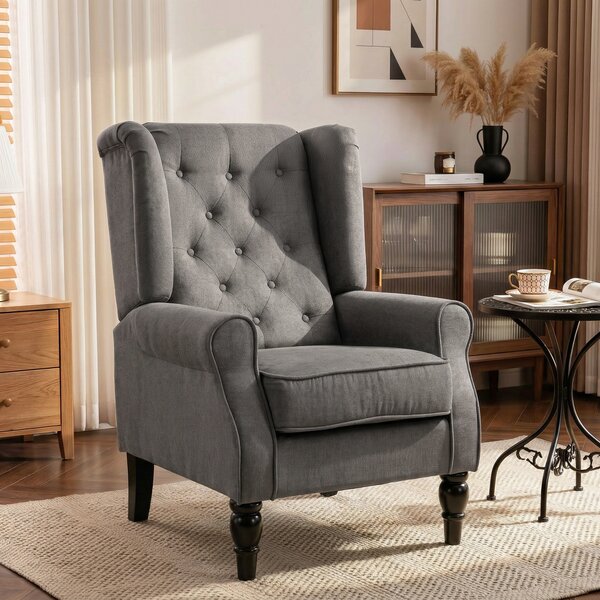 HOMCOM Linen Fabric Occasional Chair Wooden Frame Wingback Armchair with Thick Foam Cushion Accent Chair Living Room, Dark Grey Aosom UK