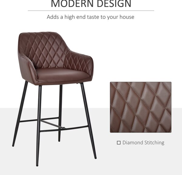 HOMCOM Set of 2 Bar Chair With Backs Retro, PU Leather Bar Stools w/ Footrest Metal Frame Comfort Support Stylish Dining Seating, Brown Aosom UK