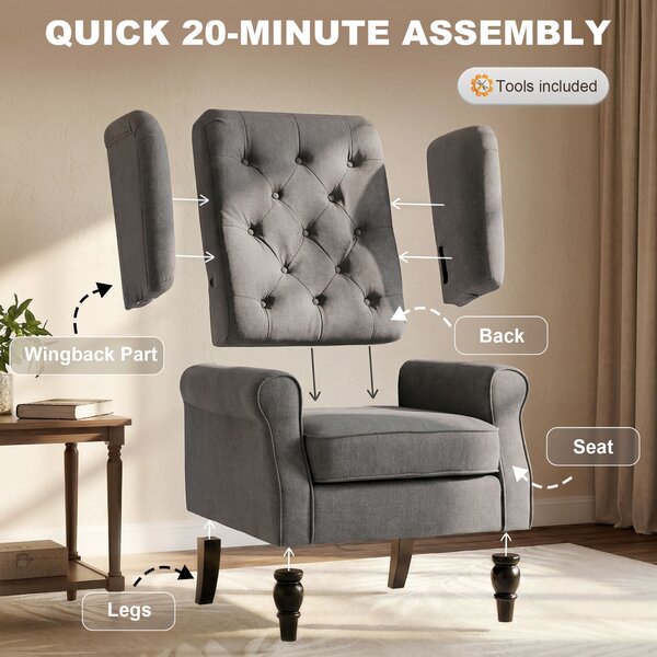 HOMCOM Linen Fabric Occasional Chair Wooden Frame Wingback Armchair with Thick Foam Cushion Accent Chair Living Room, Dark Grey Aosom UK