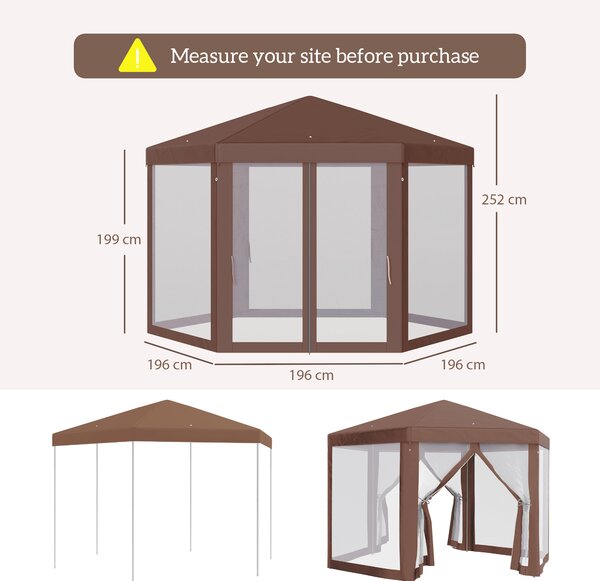 Outsunny Hexagonal Garden Gazebo Patio Party Outdoor Canopy Tent Sun Shelter with Mosquito Netting and Zipped Door, Brown