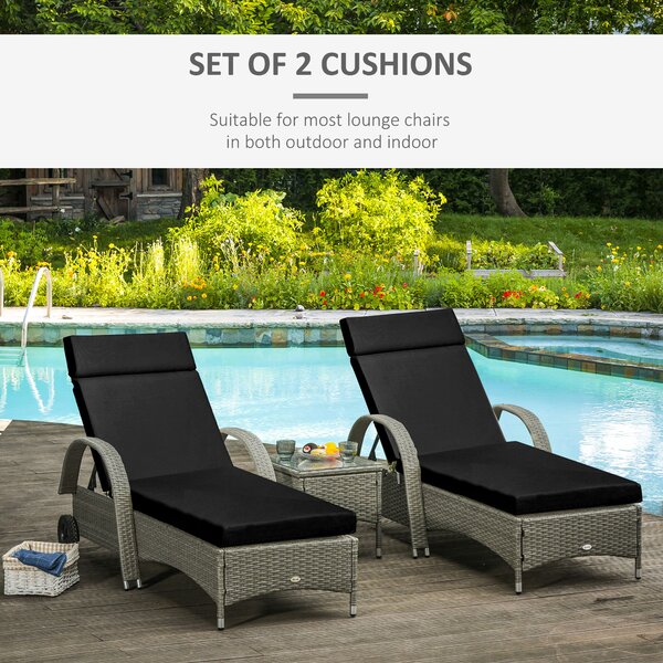 Outsunny Set of 2 Outdoor Seat Cushion Set, Replacement Cushions for Rattan Furniture with Ties, 196 x 55 cm, Black Aosom UK
