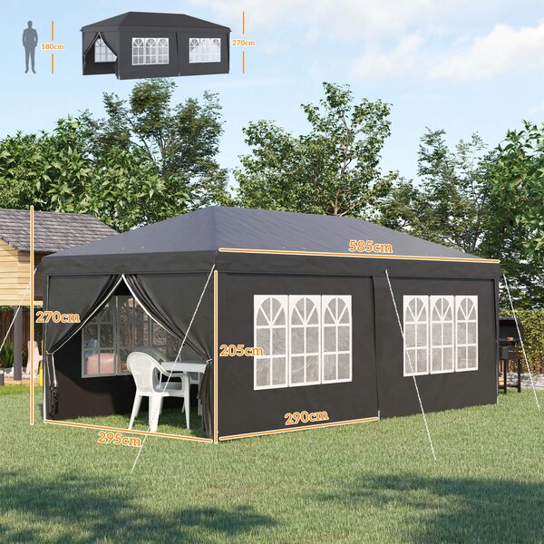 Outsunny 3 x 6m Pop Up Gazebo with Sides, Portable Height Adjustable Party Tent with Storage Bag for Garden and Event, Black Aosom UK