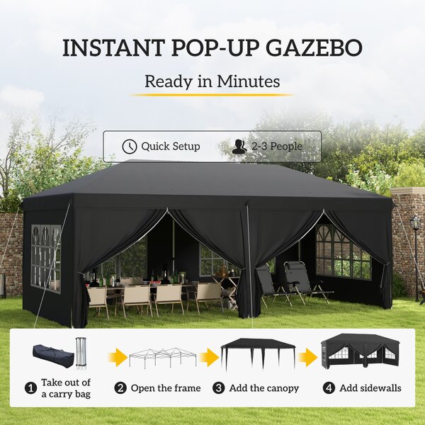 Outsunny 3 x 6m Pop Up Gazebo with Sides, Portable Height Adjustable Party Tent with Storage Bag for Garden and Event, Black Aosom UK