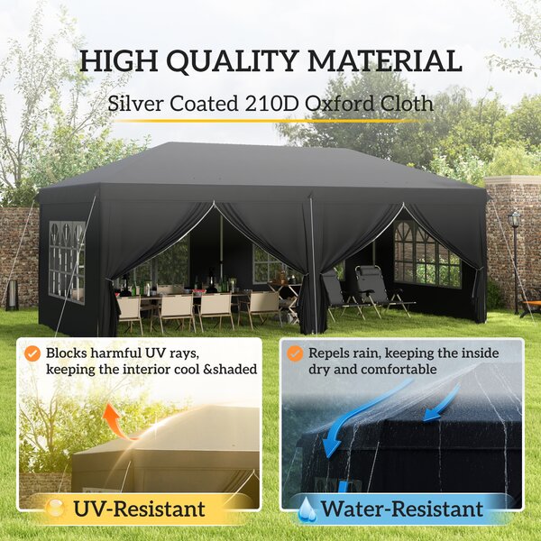 Outsunny 3 x 6m Pop Up Gazebo with Sides, Portable Height Adjustable Party Tent with Storage Bag for Garden and Event, Black Aosom UK