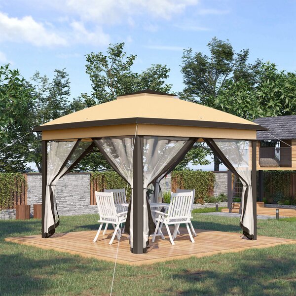 Outsunny 11 x 11ft Waterproof Gazebo, Double-Roof Shelter with Mesh Sidewalls, Adjustable Height & Carry Bag, Beige Aosom UK