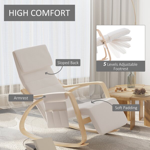 HOMCOM Rocking Lounge Chair Recliner Relaxation Lounging Relaxing Seat with Adjustable Footrest, Side Pocket and Pillow, Cream White Aosom UK